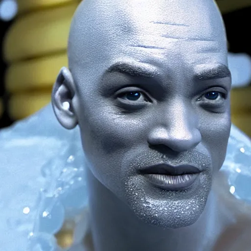 Image similar to will smith as iceman, clear ice, human sculpture, freezing gold, mr freeze, style if batman animated series