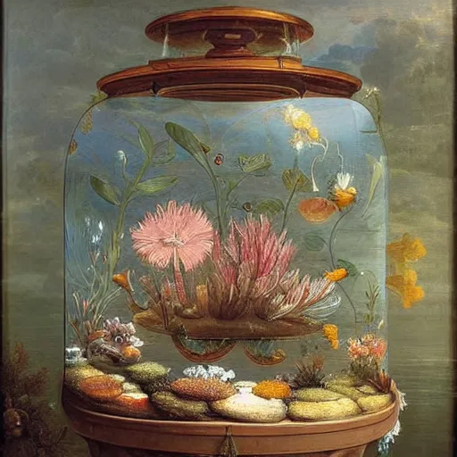 Prompt: floating flowers in a transparent fish tank,Clara Peeters