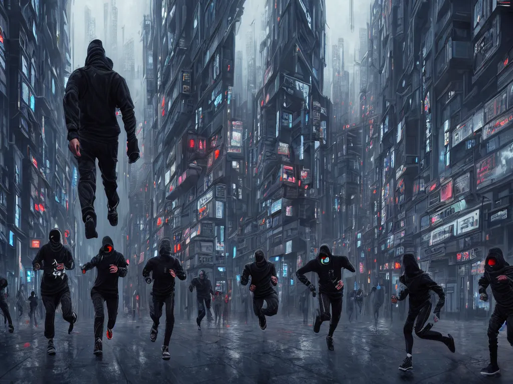 Image similar to a hyperrealistic matte painting of a group of rebellious hackers, clothed in techwear, running through the streets of a dystopian city, matte painting, intricate detail, polished, cyberpunk style, concept art, trending on artstation