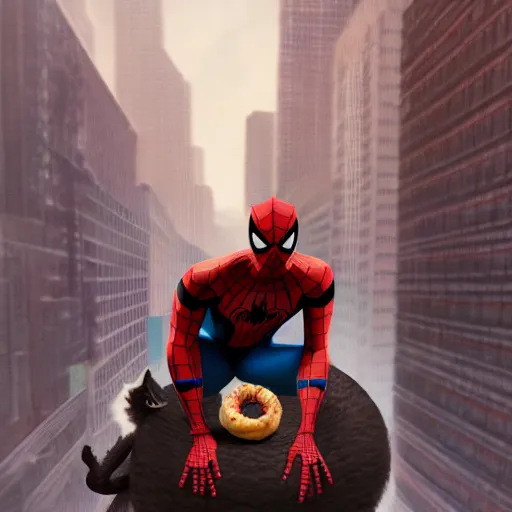 Image similar to spider - man sit on the raccoon and eating donuts, concept art, trending on artstation, highly detailed, intricate, sharp focus, digital art, 8 k