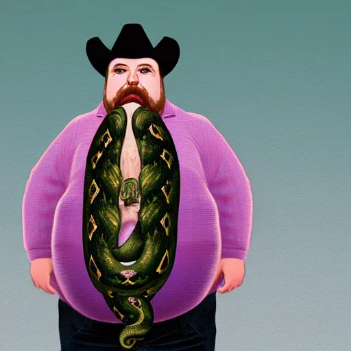 Image similar to hyperreal morbidly obese 2000kilo snake oil salesman wearing authentic purple green sip tech cowboy augmentation and curly snake moustache, fat man standing in front of blank background