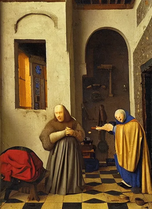 Prompt: medieval forge, medieval painting by Jan van Eyck, Johannes Vermeer, Florence