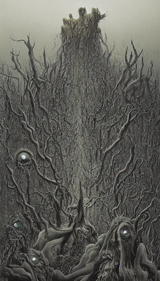 Prompt: a storm vortex made of many demonic eyes and teeth over a forest, by zdzisław beksinski