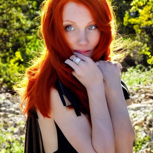 Image similar to very beautiful redhead woman looking back over her shoulder, eye contact