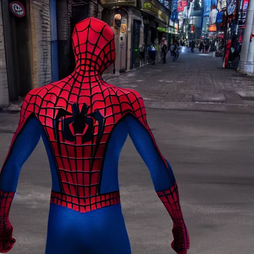 Prompt: the back of the spiderman standing in the streets of a fantastical fantasy city, extremely detailed and photorealistic, 8k