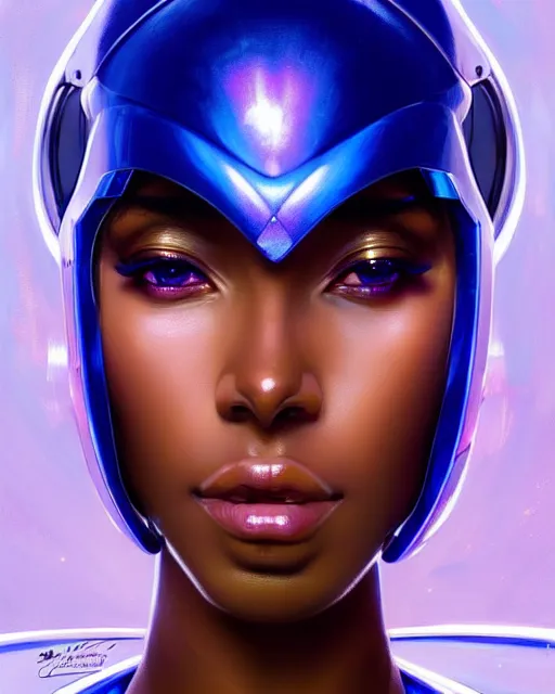 Image similar to Portrait of very very very very very very beautiful african woman, spacesuit, futuristic cybernetic helmet, blue eyes, real life skin, intricate, elegant, highly detailed, artstation, concept art, smooth, sharp focus, art by artgerm and greg rutkowski and alphonse mucha