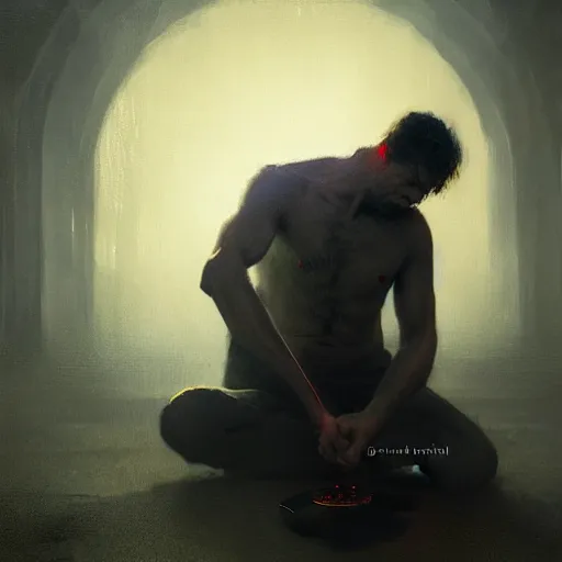 Image similar to UHD photorealistic Man signing his soul over to the devil, in the style of tonalism by Greg Rutkowski, trending on Artstation, hyperrealistic, correct details, symmetrical faces