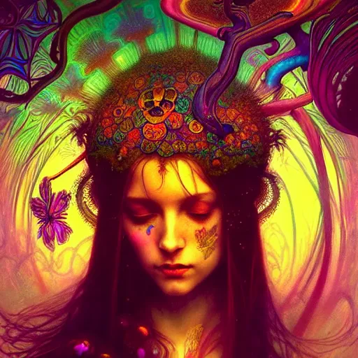 Image similar to An extremely psychedelic experience, colorful, surreal, dramatic lighting, magic mushrooms, psilocybin, LSD, face, detailed, intricate, elegant, highly detailed, digital painting, artstation, concept art, smooth, sharp focus, illustration, art by Krenz Cushart and Artem Demura and alphonse mucha