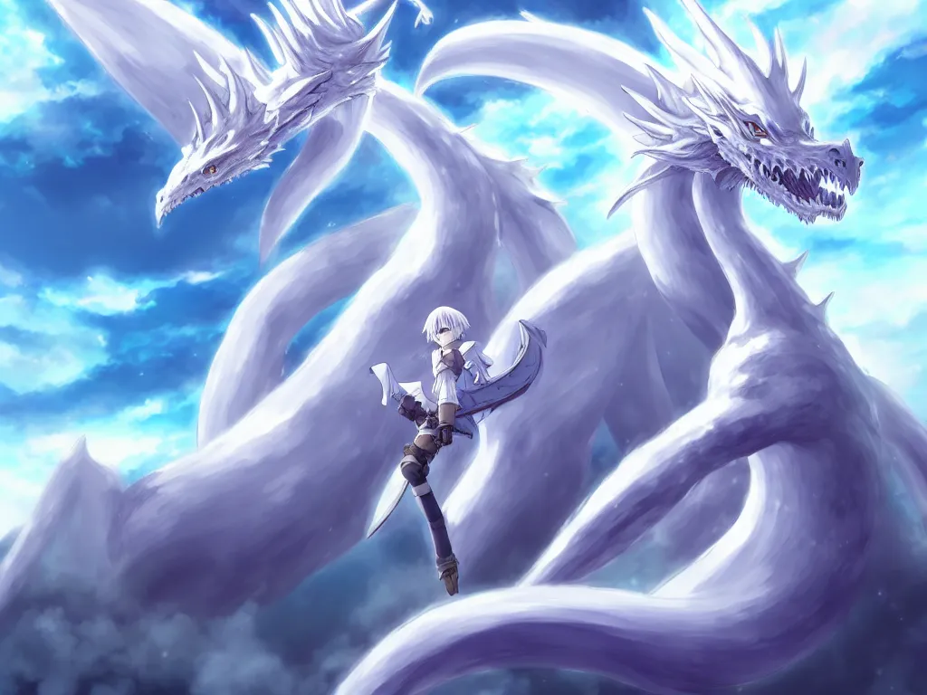 Prompt: anime art full body portrait character concept art, be surrounded by a huge silver white dragon center, in white clouds fairyland, finely detailed perfect face delicate, raphael lacoste, trending on pixiv fanbox, james jean, violet evergarden, studio ghibli, xision, extremely high quality artwork