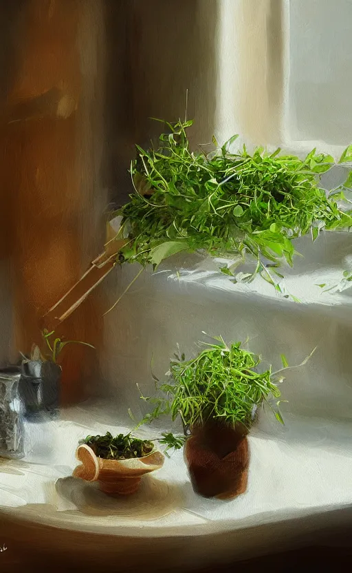 Prompt: dried herbs and scissors on the table, dittany in a small pot, on wooden table in the ray of sunshine, oil painting, sharp focus, high detailed, calm, warm lighting, sparkles, digital art, concept art, by Rutkowsky, baroque