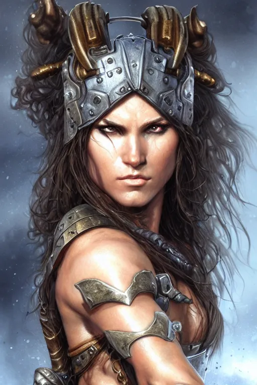 Image similar to head and shoulders portrait of a barbarian, female, high fantasy, dnd, face details, extremely detailed, smooth, sharp focus, digital illustration, by luis royo, magali villeneuve, donato giancola, wlop, krenz cushart, artgerm