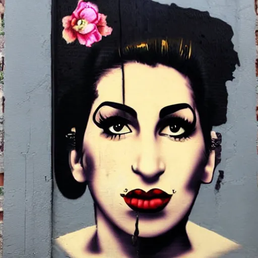 Image similar to Street-art portrait of amy winehouse in style of Banksy, photorealism