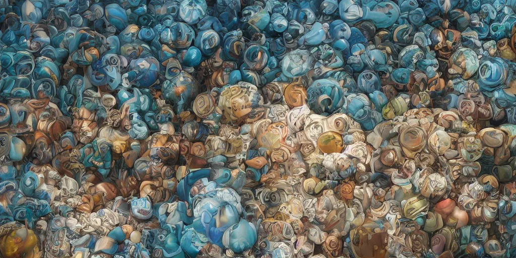 Image similar to 3 6 0 panorama escher style pattern of colorful balls, sculpture in the ancient greek style with the texture of old rust and a beautiful gradient from the upper right corner to the lower left corner