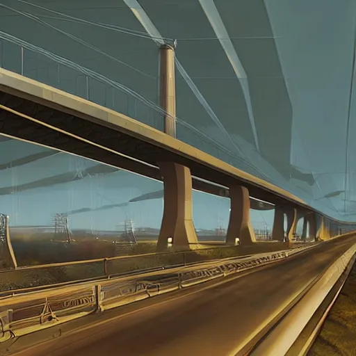 Image similar to futuristic provencher bridge in winnipeg, david a. hardy, victor einrich, gregory crewdson, ian mcque, mike winkelmann, simon stalenhag,