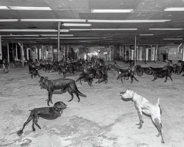 Prompt: camera footage of a Dozens of Feral Black Dogs with rabies in an abandoned shopping mall, high exposure, dark, monochrome, camera, grainy, CCTV, security camera footage, timestamp, zoomed in, Feral, fish-eye lens, Nightmare Fuel, Dog, Evil, Zerg, Brood Spreading, Motion Blur, horrifying, lunging at camera :4