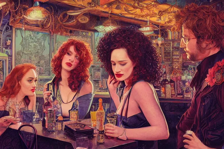 Image similar to sophisticated portrait of christina hendricks brie larson kat dennings, 1 9 8 0 s flower power hippy, very smoky cyberpunk paris bar, elegance, highly detailed, shallow depth of field, artstation, artgerm, donato giancola and joseph christian leyendecker