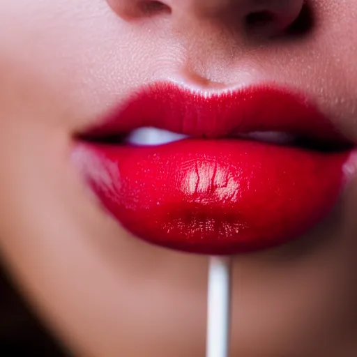 Prompt: Close-up photo of a woman's lips sucking on a bright red cherry lollipop, rule of thirds, depth of field, realistic, 8k 64 megapixel