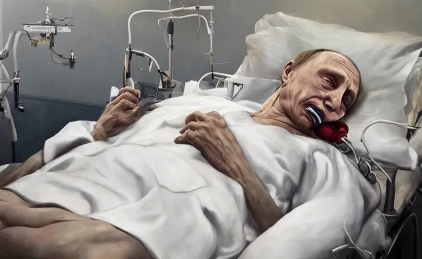 Prompt: hyperrealistic painting of very ill Vladimir Putin as a patient wearing an oxygen mask on a death bed inhaling from Copium tank that stand near his bed, stunning 3d render inspired art by Tim Okamura and Lise Deharme, perfect facial symmetry, dim volumetric lighting, 8k octane beautifully detailed render, post-processing, extremely hyperdetailed, intricate, epic composition, grim yet sparkling atmosphere, cinematic lighting + masterpiece, trending on artstation, very very detailed, masterpiece, stunning