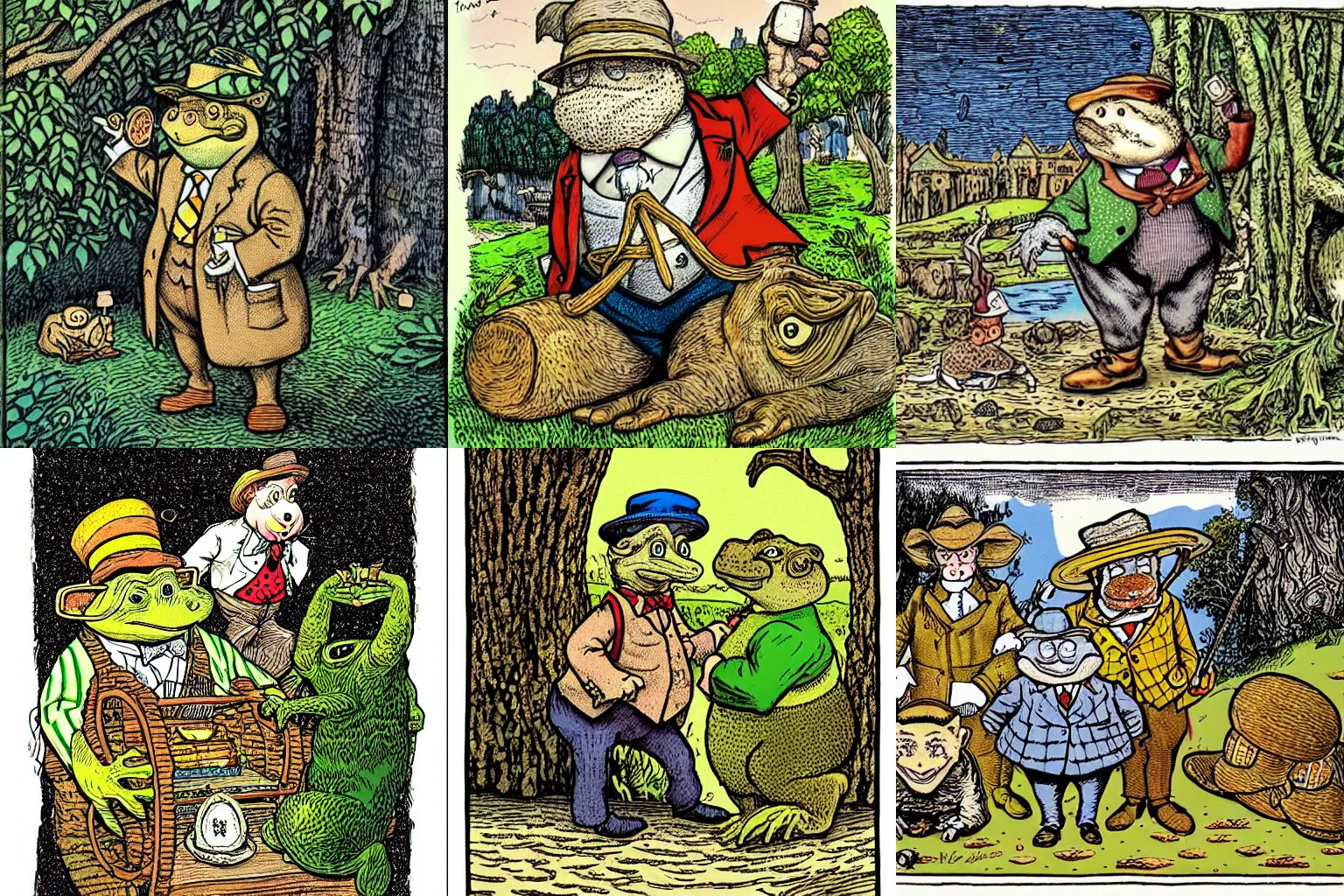 Prompt: “toad of toad hall from wind in the willows, coloured storybook illustration, by Robert crumb”
