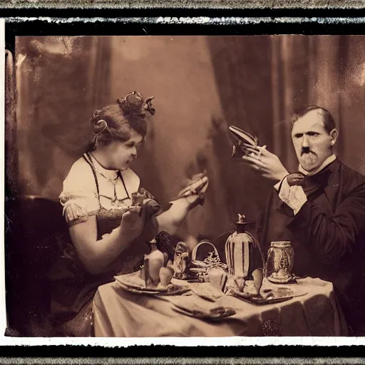 Image similar to demons tea party, antique photo, victorian era, cinematic lighting,