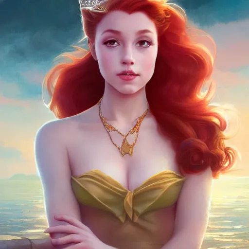 Image similar to beautiful young princess ariel, like human closeup, with the face of ariana grande, sea background, d & d, fantasy, elegant, highly detailed, digital painting, artstation, concept art, matte, sharp focus, illustration, art by artgerm and greg rutkowski and alphonse mucha