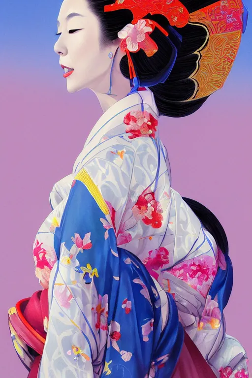 Image similar to a professional painting of a beautiful Japanese Geisha girl, in brightly colored kimono, long dark hair, beautiful bone structure, symmetrical facial features, intricate, elegant, digital painting, concept art, smooth, sharp focus, illustration, from StarCraft by Ruan Jia and Mandy Jurgens and Artgerm and William-Adolphe Bouguerea