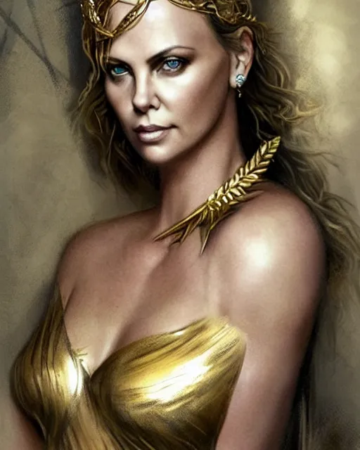 Image similar to tattoo sketch of charlize theron as aphrodite the greek goddess wearing a gold laurel wreath and triangle earrings, beautiful piercing gaze with sharp pupils, in the style of greg rutkowski, fantasy, amazing detail, epic, elegant, smooth, sharp focus, front view