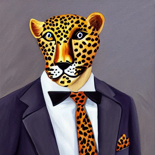 Image similar to painting of leopard wearing suit and tie, digital art,