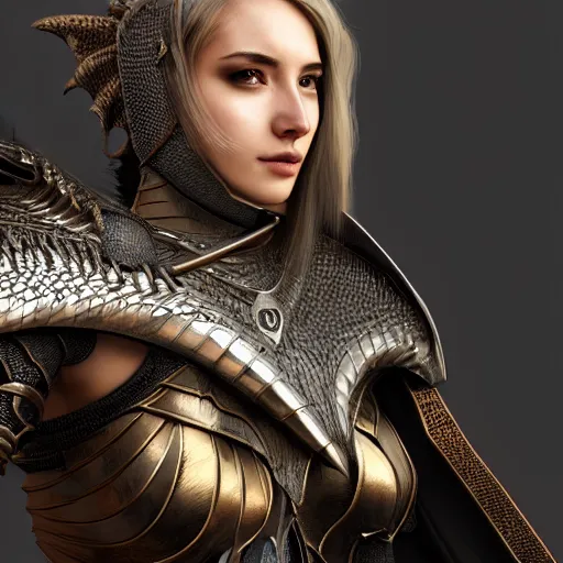 Image similar to highly detailed realistic stunning shot of a beautiful female anthropomorphic dragon knight, resting a detailed and engraved longsword over her armored shoulder, cloak flittering in the wind, high quality, HD octane render, epic cinematography, Artstation, Deviantart, Furaffinity