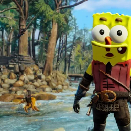 Prompt: spongebob as geralt of rivia in the witcher 3, riding his horse