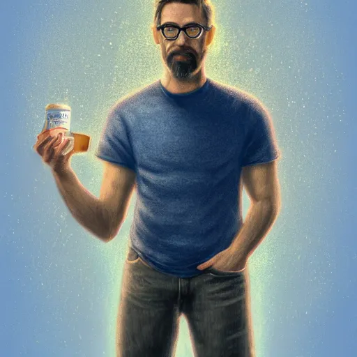 Prompt: Man from frog perspective in his 30s, light brown hair and salt-and-pepper hair with a short beard, thick dark glasses, blue eyes, big nose, wearing a shirt and a jean, digital painting, 4k, rays of light, particles light, by Ross Tran