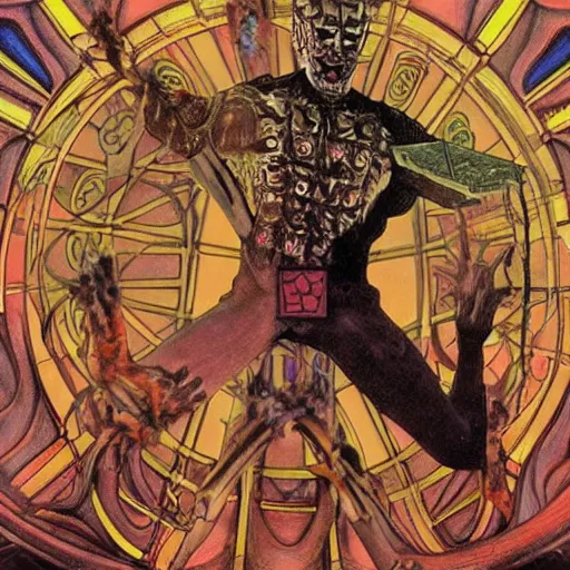 Prompt: a matte painting of hellraiser puzzle box floating above skinned man in hell by clive barker and alex grey and alphonse mucha