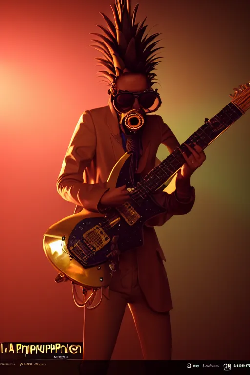 Image similar to a steampunk pineapple, playing electric guitar at a night club, focus on the musicians, cinematic lighting, exaggerated detailed, unreal engine, octane render, trending on artstation, art by greg rutkowski, 4 k