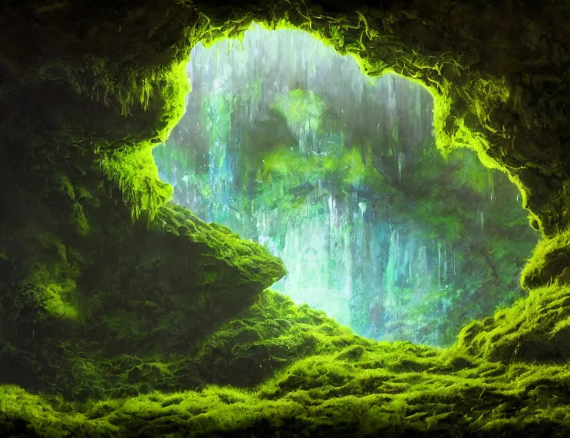 Image similar to futuristic disco in a mossy dripstone cave. oil painting by award - winning concept artist. backlighting, chiaroscuro, field of depth.