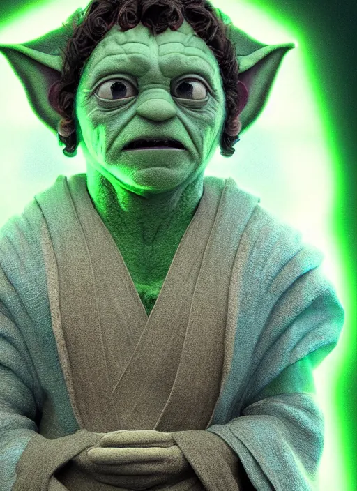 Prompt: Portrait of Pedro Pascal dressed as Yoda by Brian Selznick and Almacan and Kazuhiko Nakamura and jeffchendesigns and Vitaly-Sokol, Star Wars, magical, enchanted, hyper realistic, green mist, octane render, raytracing, trending on artstation, deviantart, artstationHD, artstationHQ, unreal engine, 4k, 8k