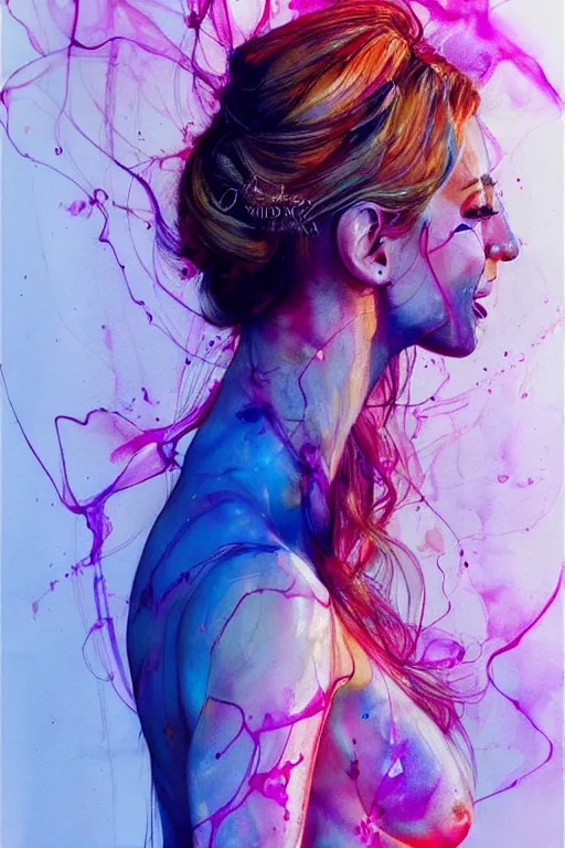 Prompt: sexy smiling lacivious sophia vergara by agnes cecile enki bilal moebius, intricated details, 3 / 4 back view, hair styled in a bun, bendover posture, full body portrait, extremely luminous bright design, pastel colours, drips, autumn lights