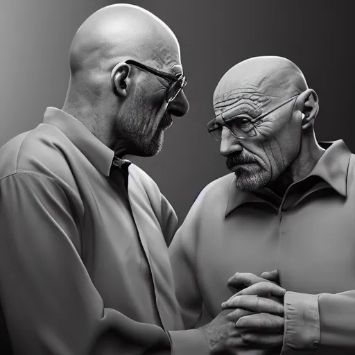 Prompt: Walter White and Mike Ehrmantraut intensely making out, realistic, hyperrealistic, highly detailed, very detailed, 8k resolution, real life, HD quality, dramatic, studio quality lighting, digital art, trending on artstation