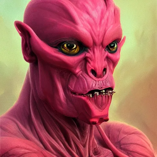 Prompt: Muscular Pink alien villain close up with 3 flower like pedals around his neck by Andreas roncha and greg rutkowski