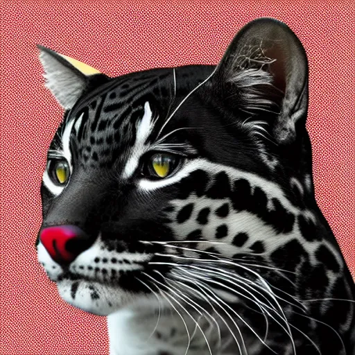 Image similar to profile shot of a black and red ocelot with black background, high contrast, render