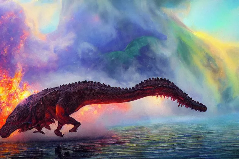 Image similar to highly detailed oil painting of a! tyrannosaurus ( ( mushroom ) ) in a steaming colorful hotspring, featured on artstation