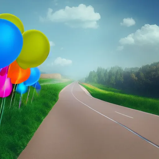 Prompt: a road made of balloons digital painting, matte painting, in the style of Beeple, 8k, highly detailed