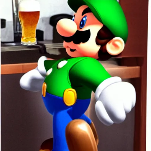 Prompt: luigi from super mario hanging at the bar and getting drunk with the boys, holding a large beer