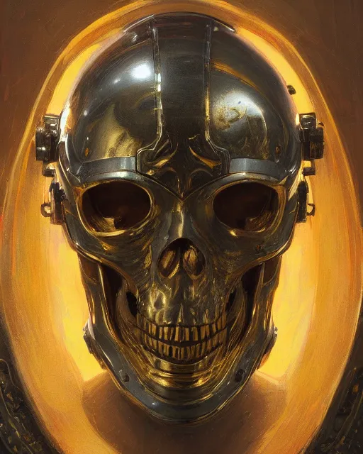 Image similar to three quarter view of a knights helmet gold skull face mask by donato giancola and greg rutkowski, vintage retro scifi, realistic face, digital art, trending on artstation