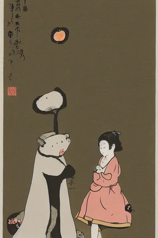 Prompt: a girl with a peach in her hands stands beside an anthropomorphic black bear, offering the peach to the bear. in the style of foujita tsuguharu