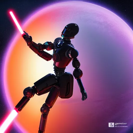 Prompt: humanoid robot wielding lightsaber in front of a violet planet, unreal engine, featured on cgsociety, scifi futuristic character concept