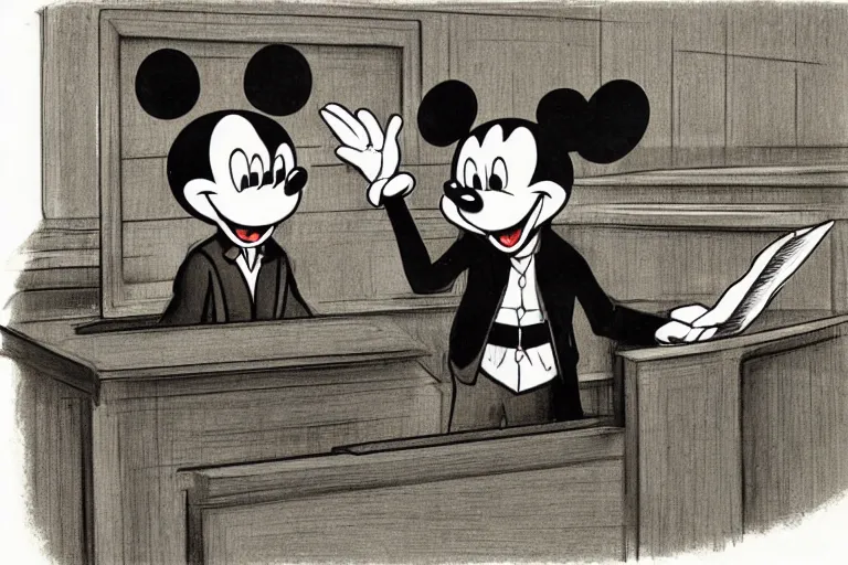 Image similar to detailed background courtroom sketch of vintage disney character mickey mouse presenting evidence of copyright infringement to the judge bench court room wooden serious dark tone