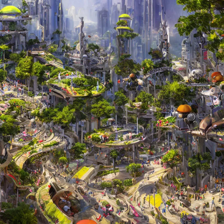 Prompt: environment concept art location of a giant outdoor amphitheater in a sci-fi eco-city, skybridges, turrets, crowded, hundreds of pedestrians, sunbeams, bold bright colors, unreal engine, detailed, octane render, 4k, photorealistic, cinematic lighting