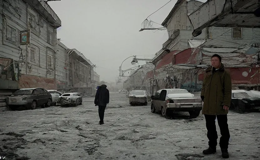 Image similar to In a city of Norilsk on the Moon, a Mysterious man is standing in the middle of a street photo by Gregory Crewdson, a city on the Moon