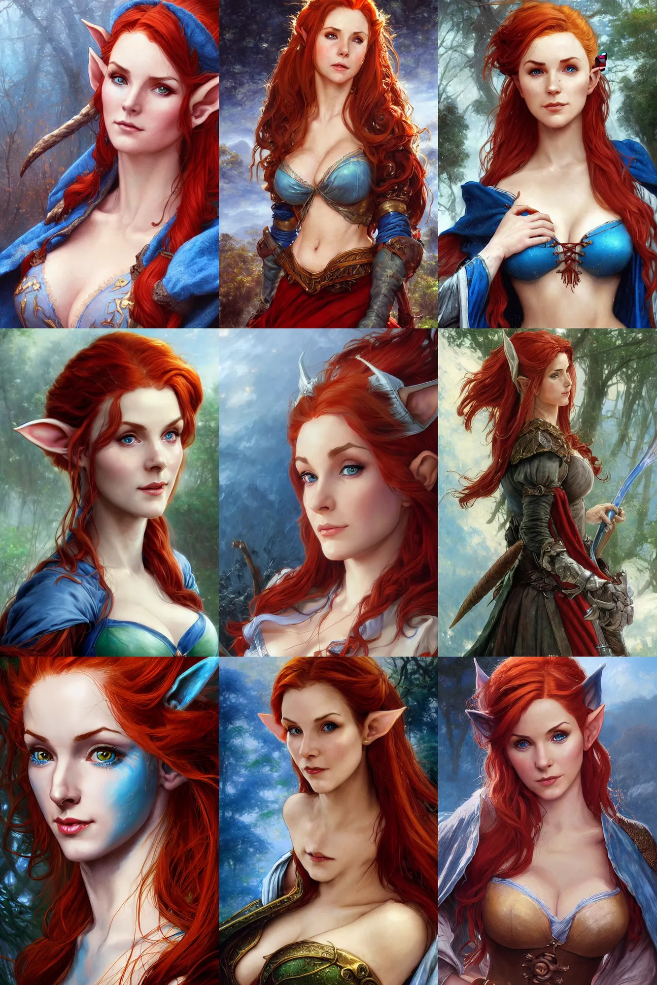 Prompt: heavy brush strokes!!! alluring highly detailed closeup matte painting portrait of beautiful elf ( triss from witcher 3 ) pointed ears flowing red hair wearing chesty fantasy outfit and a blue cloak, very detailed, realistic, manga, by stanley artgerm lau, greg rutkowski, thomas kindkade, alphonse mucha, loish, norman rockwell j.