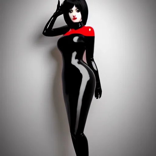 Image similar to a feminine curvy pale hot goth cutie wearing an tight red-black latex high-neck dress, cgsociety, photorealistic, sublime-cool-hyperadvanced-dark-amorous ambience, 16k, smooth, sharp focus, trending on ArtStation, volumetric lighting, fully clothed, thin waist